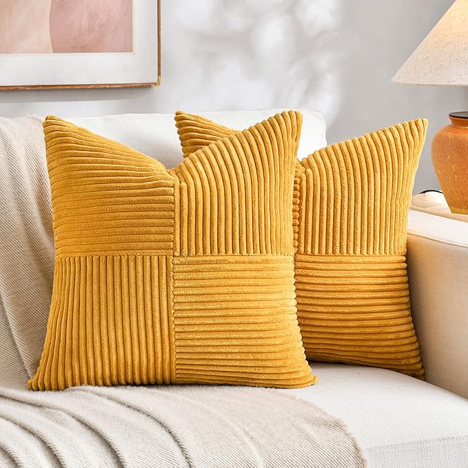 Fancy Homi 2 Packs Gold Yellow Spring Decorative Throw Pillow Covers 16x16 Inch for Couch Bed Sofa, Rustic Farmhouse Boho Home Decor, Soft Corss Patchwork Corduroy Textured Square Cushion Case 40x40cm