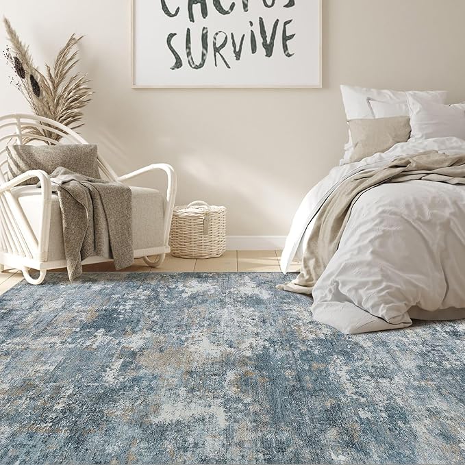 Nakagishi 6x9 Area Rugs Living Room: Washable Abstract Large Neutral Soft Rug Stain Resistant Modern Indoor Floor Non-Slip Carpet for Bedroom Nursery Kids Playroom Office Dining Room Dorm-Blue Brown