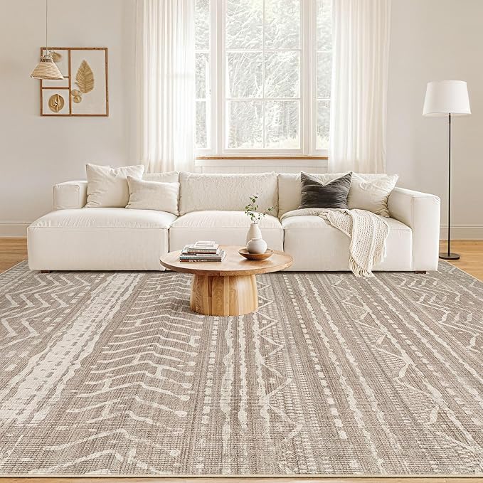 Nakagishi 10x12 Area Rug Living Room: Washable Boho Large Neutral Modern Soft Farmhouse Rugs Stain Resistant Indoor Floor Non-Slip Accent Carpet for Bedroom Nursery Kids Playroom Office Dining Room