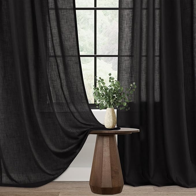 Black Linen Curtains 84 inches Long for Bedroom Back Tab Light Filtering Privacy Semi Sheer Black Curtains Living Room Boho Rustic Farmhouse Cotton Textured Gauze Curtain 2 Panel Set