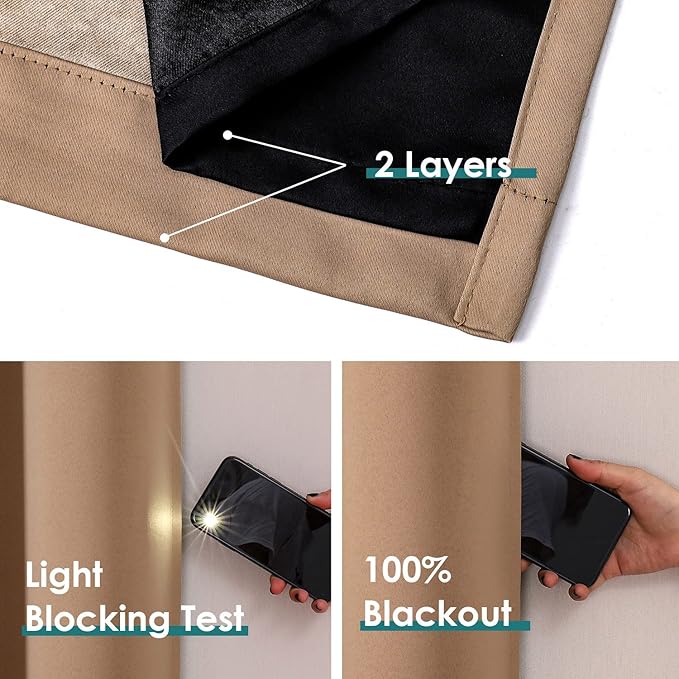 ChrisDowa 100% Blackout Curtains for Bedroom with Black Liner, 2 Thick Layers Total Blackout Thermal Insulated Grommet Window Curtains 2 Panels Set (Cappuccino, 42 x 84 Inch)