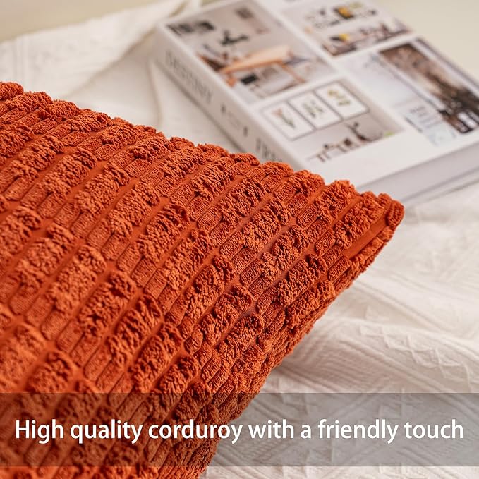 Pack of 2 Corduroy Decorative Throw Pillow Covers 20x20 InchSoft Boho Striped Pillow Covers Modern Farmhouse Home Decor for Sofa Living Room Couch Bed（Rust）
