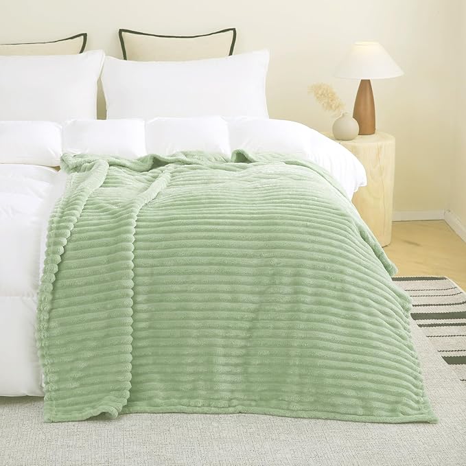 Cream Green Fleece Throw Blanket 60”×80” for Couch Sofa Bed,Super Soft Cozy Plush Microfiber Flannel Blanket with Stripes Design Lightweight for Adults,Woman,Girls