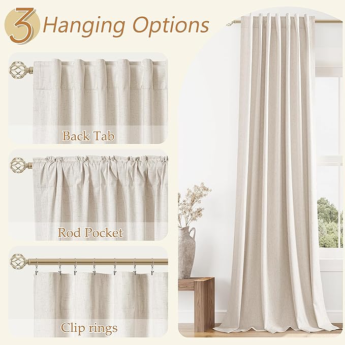 Guken 100% Blackout Linen Curtains 100 Inch Length 2 Panels Set for Living Room Bedroom Back Tab Rod Pocket Thermal Insulated Black Out Drapes Room Darkening Farmhouse Window Curtains,52x100