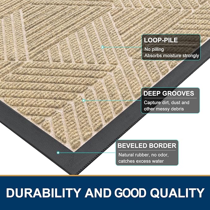 Smiry Front Door Mat Outside Entrance, Heavy Duty Sturdy Natural Rubber Doormat, Trap Dirt and Moisture, Easy Clean Low Profile Welcome Floor Mats for Indoor Outdoor Entry, 35X23 Inch, Cream White