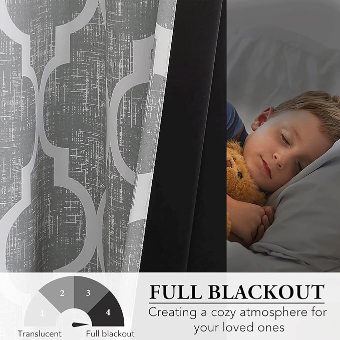 Beauoop 100% Blackout Curtains 84 Inches Long for Patio Sliding Door Grey Extra Wide Moroccan Geo Room Darkening Gray Thermal Soundproof Room Divider Grommet Window Treatment Drapes,100x84 Set of 1