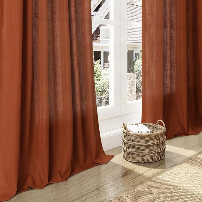Nanspring Linen Blend Terracotta Curtains 100 inches Long 2 Panel Back Tab Rod Pocket Rustic Farmhouse Boho Curtains for Dining Room Semi Sheer Brick Burnt Bohemian Fall Decor Rust Colored Curtain