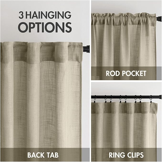 MIULEE Oatmeal Linen Curtains 108 Inch Long 2 Panels for Bedroom Living Room, Soft Thick Linen Textured Natural Window Drapes Semi Sheer Light Filtering Back Tab Rod Pocket Burlap Look Decor