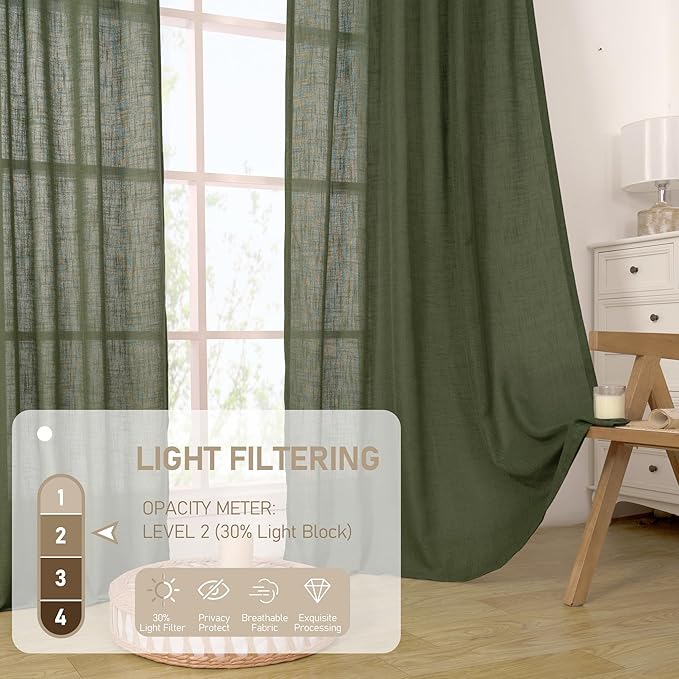 LAMIT 45 Inch Short Window Linen Curtains, Light Filtering Panels Back Tab and Rod Pocket Christmas Decor Drapes for Cafe/Bathroom/Loft Room, Olive Green, 2 Panels, 34 x 45 Inch