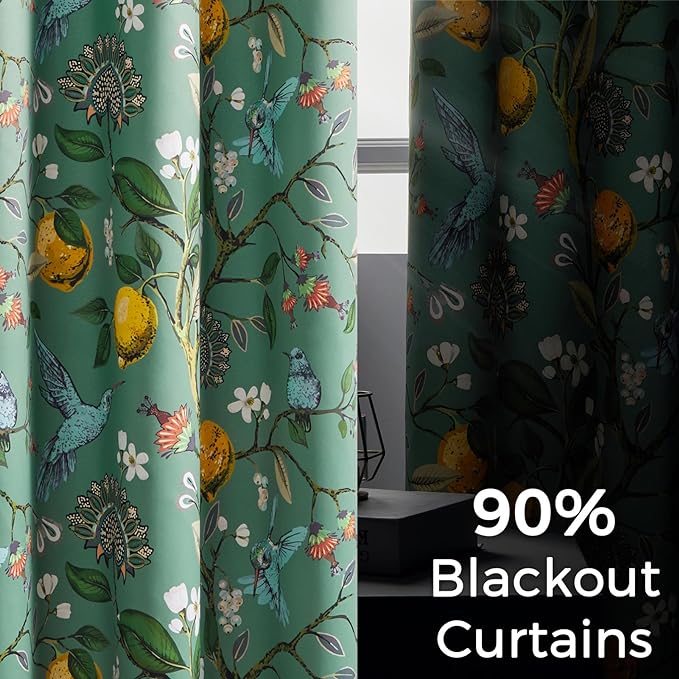 Topfinel 90 Inches Long Curtains,Whimsical Woodland Leaf Jungle Forest Flower Hummingbird Victorian Grommet Thick Sage Green Curtains Two Pages for Balcony Sliding Glass Office Bedroom Living Room