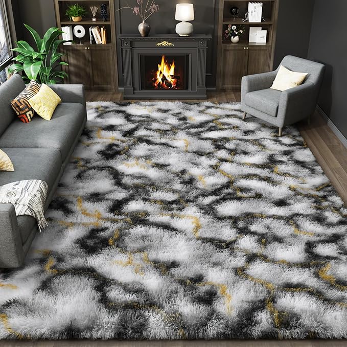 LOCHAS Ultra Soft Indoor Modern Area Rugs Fluffy Living Room Carpets for Children Bedroom Home Decor Nursery Rug 5x8 Feet, Grey-Gold