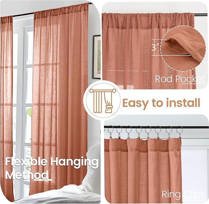 BGment Terracotta 96 Inches Long Linen Curtains for Living Room, Semi Sheer Window Drapes Rustic Textured for Farmhouse Bedroom Dining Room Rod Pocket Boho Lightweight, 2 Panels Set, Each 52 Inch Wide