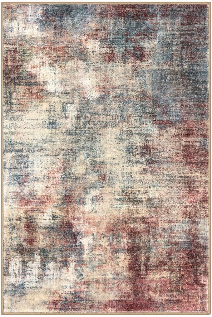 IOHOUZE Abstract Area Rugs 5x7 Ft Washable Rugs for Living Room, Non Slip Dining Room Rug, Printed Faux Wool Rugs for Bedroom, Floor Carpet for Kitchen Nursery Playroom, Red/Multi