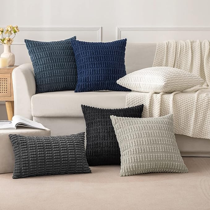MIULEE Pack of 2 Corduroy Decorative Throw Pillow Covers 20x20 Inch Soft Boho Striped Pillow Covers Modern Farmhouse Home Decor for Sofa Living Room Couch Bed Pure White