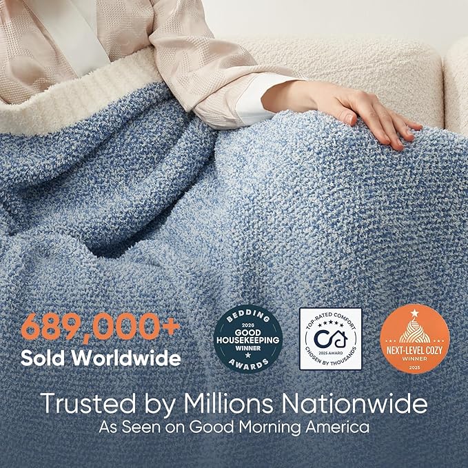 Snuggle Sac Queen Size Bed Blanket Heather Blue, Reversible Super Soft Microfiber Blankets Warm Cozy Knit Fuzzy Plush Bed Blankets, Blue, Queen 90x90