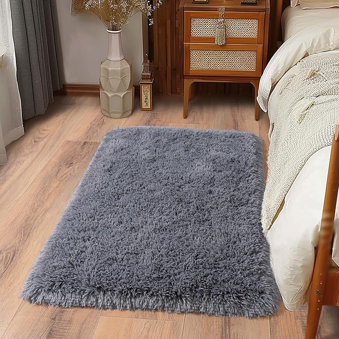Ultra Soft Runner Rugs for Bedroom Hallways with Upgraded Non-Slip Rubber Backing & Thick Memory Sponge, 2 Packs 2x3 Feet Fluffy Shag Throw Area Rug for Bedside Dorm Dark Grey