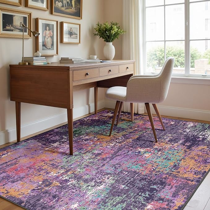 Washable Area Rugs Square 8ft Non-Slip Modern Abstract Soft for Living Room Entryway Bedroom Nursery, Print Pattern, Purple Orange Blue Green Rust Red Colorful