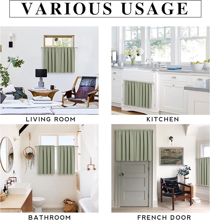 RYB HOME Kitchen Blackout Curtains Over Sink 36 inch Length, Rod Pocket Summer Light UV Blocking Energy Efficient, Cabinet Shelf Cupboard Coverings, Width 29 by Length 36, Sage Green, 2 Panels