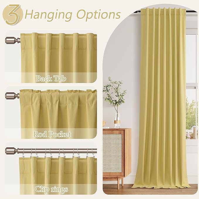 Guken Yellow 100% Blackout Curtains 102 Inch Length 2 Panels Set for Living Room Bedroom Back Tab Thermal Insulated Black Out Linen Drapes Room Darkening Window Curtains, 52x102