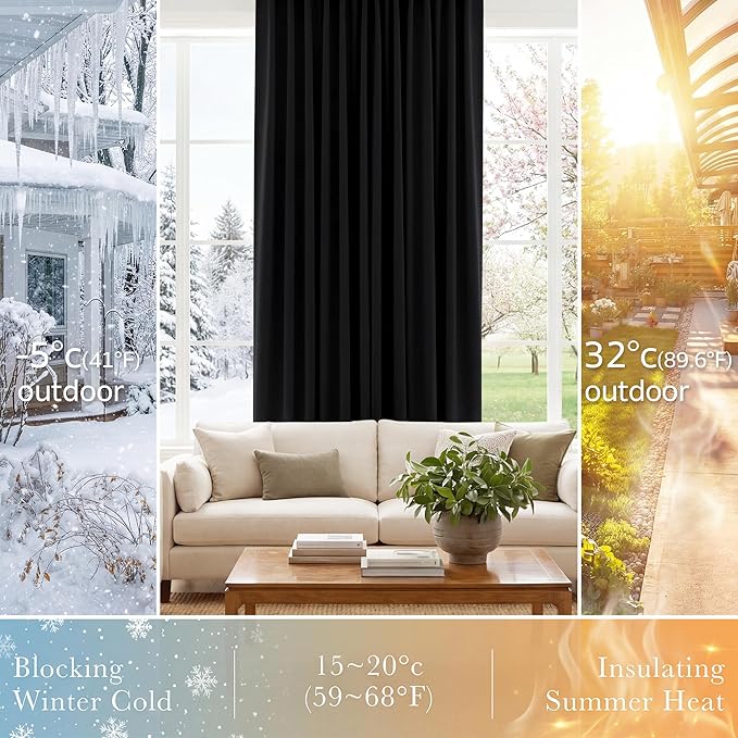 PONY DANCE Black Curtains 84 inch Long 2 Panels Burg for Bedroom - Back Tab & Rod Pocket Thermal Insulated Curtains Room Darkening Drapes for Living Room, 2 Panels, 52 x 84 Inch, Black