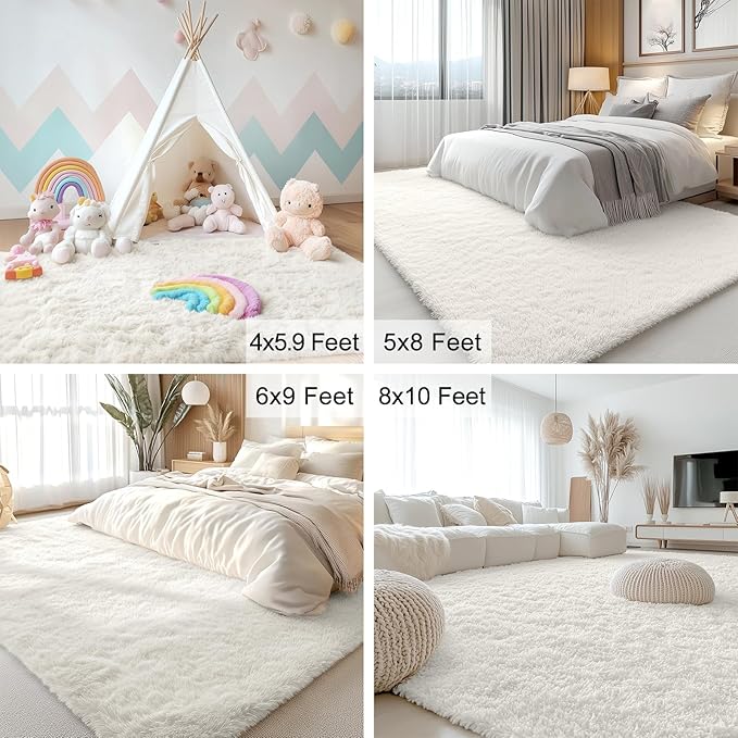 OLANLY 8x8 Machine Washable Large Area Rugs for Living Room, Bedroom, Soft Fluffy Shaggy Bedside Rug, Indoor Floor Carpet for Kids Girls and Boys, Dorms, Nursery, Home Decor Aesthetic, Ivory