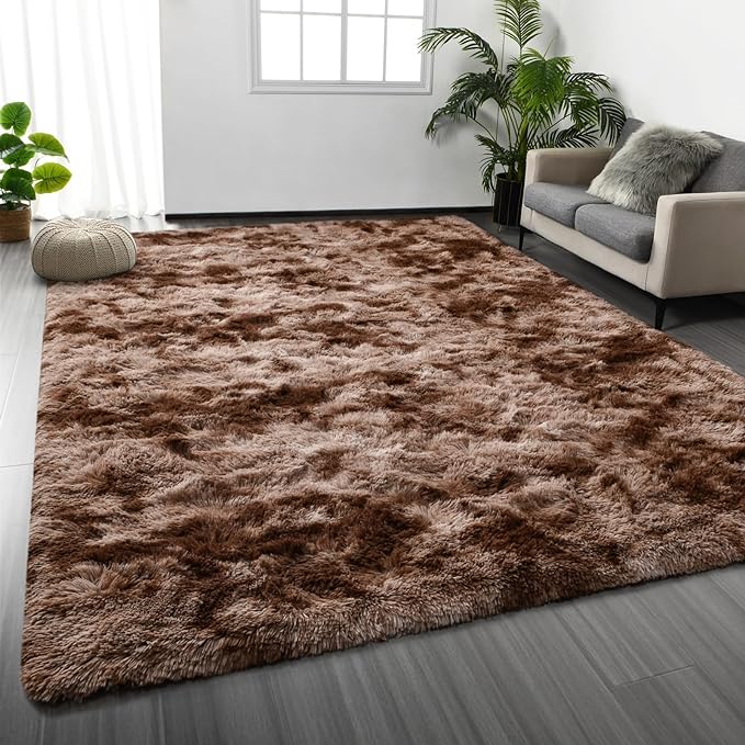 Deerhoo Large Shag Area Rugs 5 x 8, Tie-Dyed Plush Fuzzy Rugs for Living Room, Ultra Soft Fluffy Furry Rug for Bedroom, Indoor Carpet Nursery Rugs for Kids Room Home Decor, Coffee