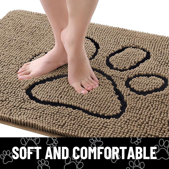 Smiry Dog Door Mat for Muddy Paws, Absorbent Dirt Trapper Non Slip Quick Dry Washable Chenille Mat for Mud Dogs, Entry Rug for Indoor and Outdoor (47x24 Inches, Camel and Black)