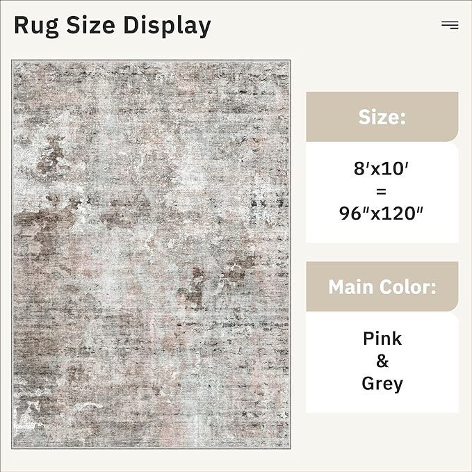 Abstract Rug 8x10 Large Living Room Rugs Neutral Modern Washable Area Rugs for Bedroom Dining Room Non-Slip Stain Resistant Foldable Thin Rug Grey Pink