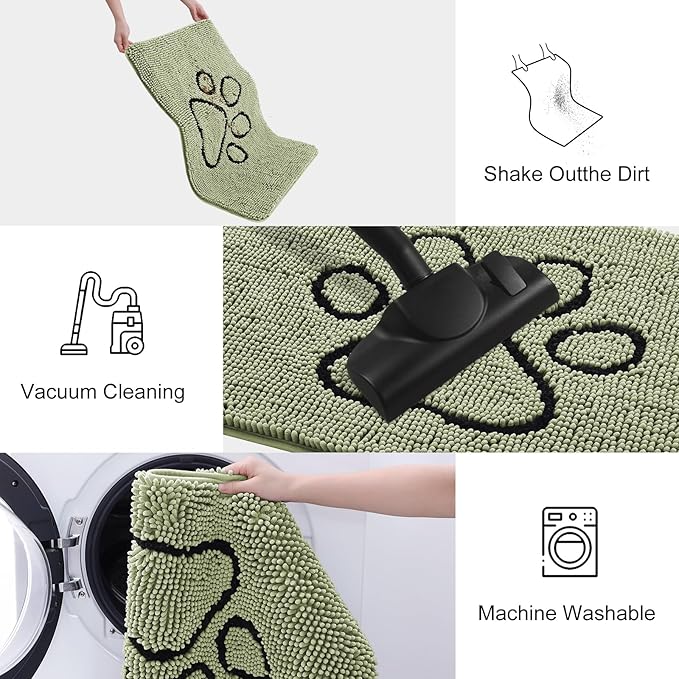 Smiry Dog Door Mat for Muddy Paws, Absorbent Dirt Trapper Non Slip Quick Dry Washable Chenille Mat for Mud Dogs, Entry Rug for Indoor and Outdoor (30x20 Inches, Sage Green and Black)