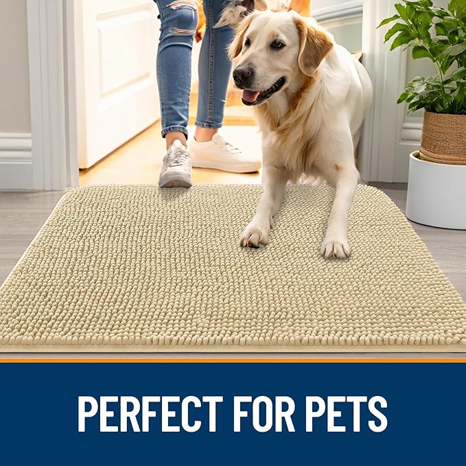 OLANLY Dog Door Mat for Muddy Paws 59x32, Absorbs Moisture and Dirt, Absorbent Non-Slip Washable Doormat, Quick Dry Chenille Mud Mat for Dogs, Entry Indoor Entryway Carpet for Inside Floor, Sand
