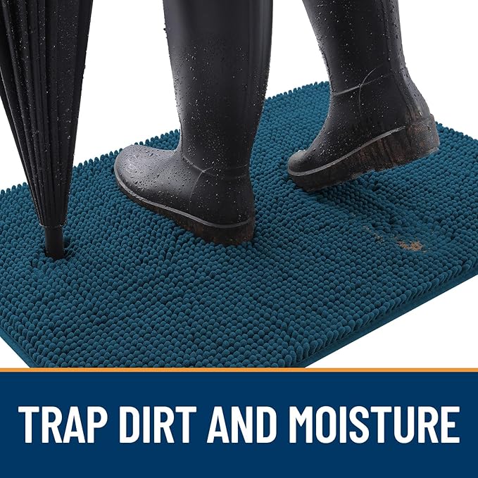 OLANLY Dog Door Mat for Muddy Paws 30x17, Absorbs Moisture and Dirt, Absorbent Non-Slip Washable Doormat, Quick Dry Chenille Mud Mat, Entry Indoor Entryway Carpet for Inside Floor, Atlantic Blue