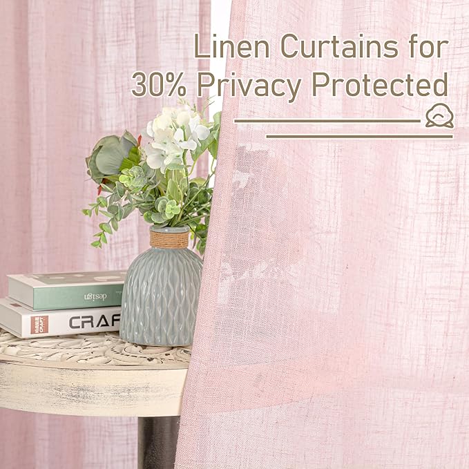 LAMIT 72 inch Pink Linen Curtains for Living Room 2 Panels, Linen Textured Light Filtering Semi Sheer Back Tab and Rod Pocket Farmhouse Curtain Panels for Bedroom/Farmhouse, 52 x 72 Inch