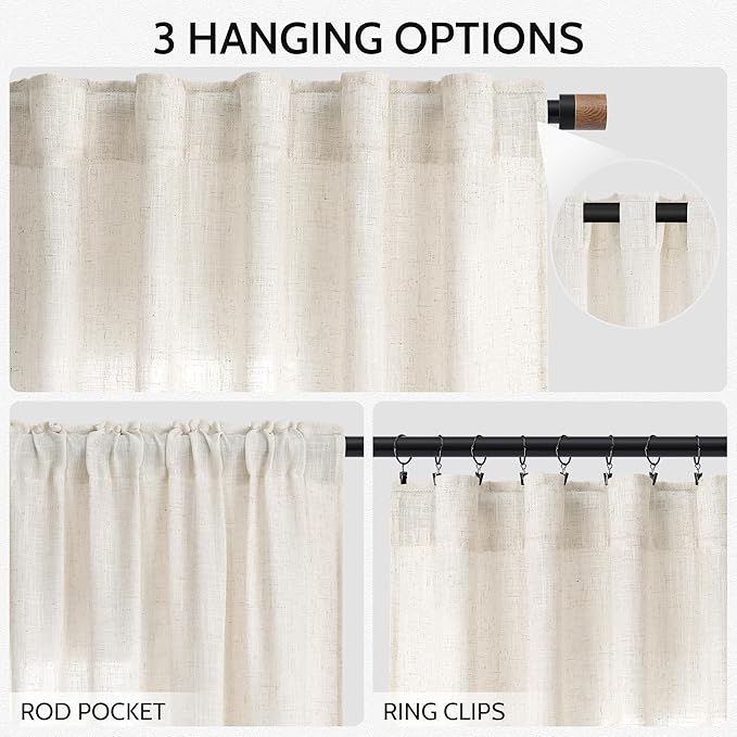 Nanspring Modern Linen Curtains for Living Room 80 Inches Long Light Filtering Semi Sheer Curtain Back Tab Neutral Luxury Modern Farmhouse Decor Linen Blend Drapes for Bedroom 52x80, 2 Panels