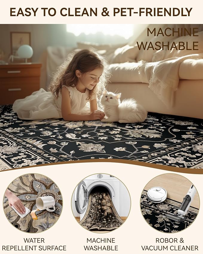 RELEANY Area Rugs 2'x6' Runner Rug Non Slip Washable for Kitchen Hallway Bedroom Beside Laundry Room Bathroom Rug, Floor Carpet, Black Brown Neutral Dark Tan
