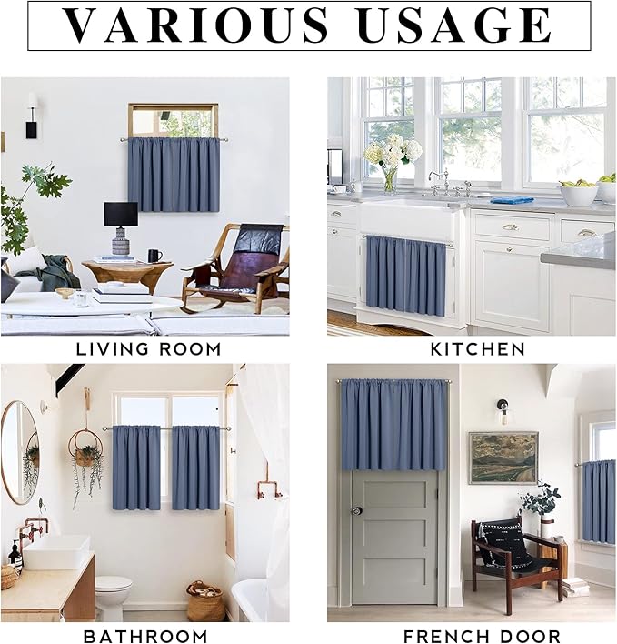 RYB HOME Short Blackout Curtains for Bedroom, Room Darkening Insulated Summer Heat Light UV Blocking Energy Saving Drapes for Nursery, Width 42 by Length 48, Stone Blue, Set of 2