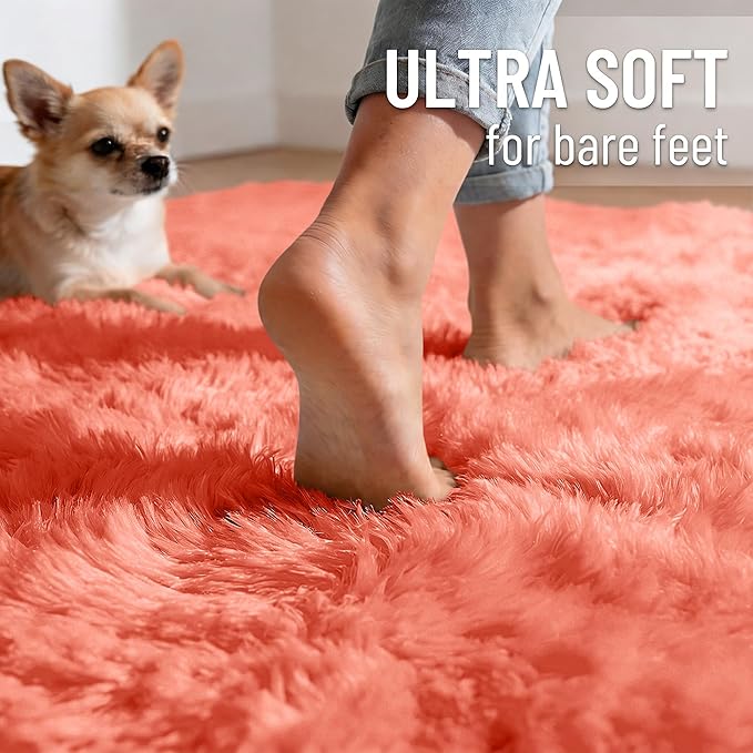 OLANLY Area Rugs for Living Room Bedroom, Machine Washable 4x5.9 ft Soft Fluffy Shaggy Bedside Rug, Indoor Floor Carpet for Kids Girls and Boys, Dorms, Nursery Rooms, Home Decor Aesthetic, Coral Red