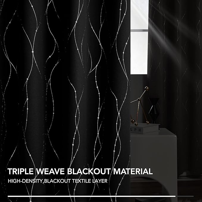 Deconovo Blackout Curtains 63 Inch Length 2 Panels Set, Black Drapes, Thermal Insulated Noise Reducting Privacy Curtain with Silver Print, Grommet Top, Machine Washable Window Panel for Living Room