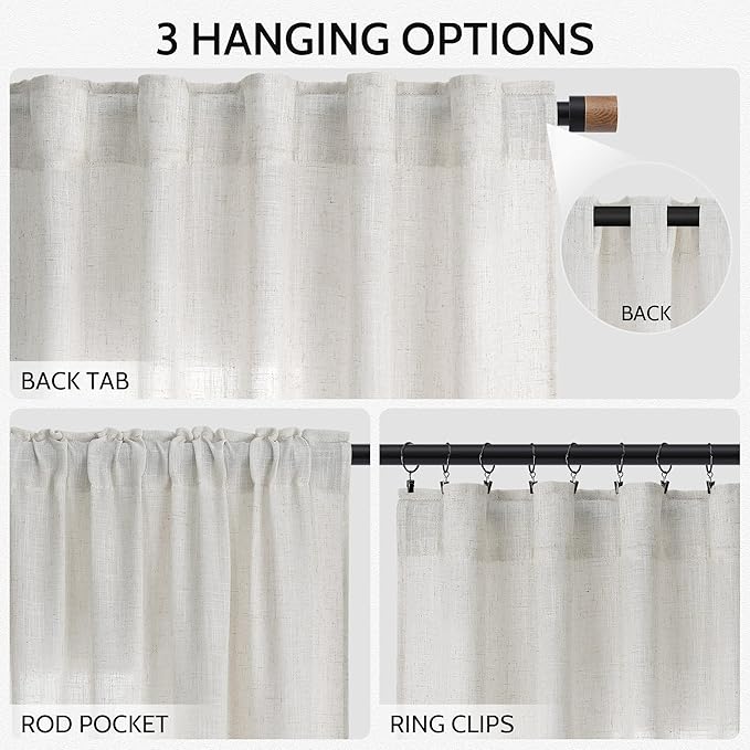 Nanspring Natural Linen Curtains 102 Inches Long for Living Room Rustic Light Filtering Semi Sheer Curtains Back Tab and Rod Pocket Farmhouse Decor Curtain for Bedroom Office 52x102, 2 Panels