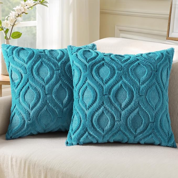 decorUhome Summer Throw Pillow Covers 26x26 Inch Set of 2, Soft Plush Faux Wool Teal Solid Couch Pillow Covers, Accent Euro Sham Farmhouse Neutral Square Pillow Cases for Sofa Bed Living Room