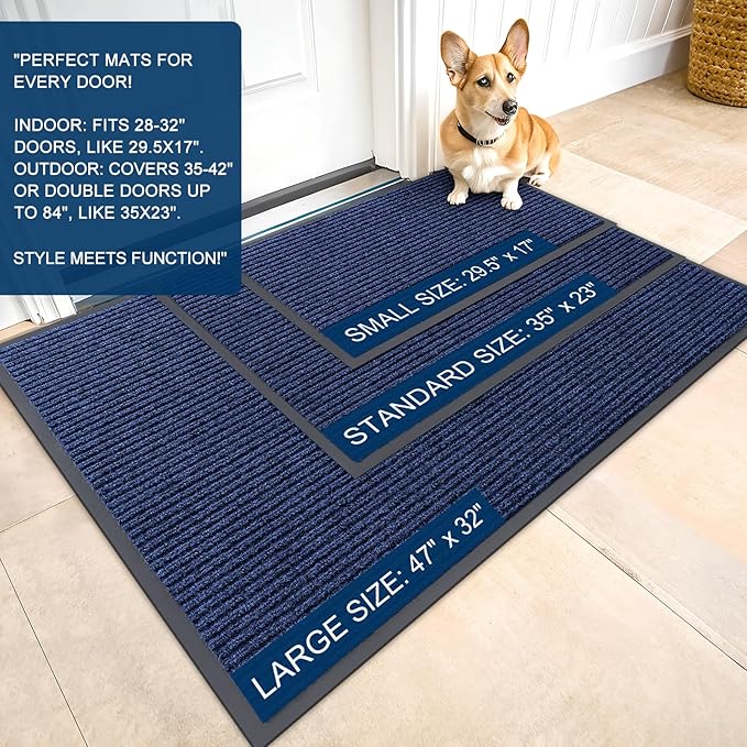 OLANLY Front Door Mat Indoor Outdoor Entrance, Waterproof Heavy Duty Doormat, Fade Resistant, Low Profile, Easy Clean Patio Porch Welcome Floor Mats for Entry, 33x21, Blue