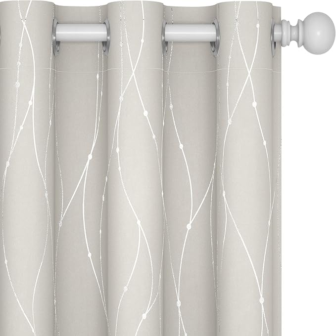 Deconovo Beige Curtains for Living Room, Room Darkening Soundproof Drapes with Wave Dots Silver Print, 42 x 72 Inch Long, Grommet Top, Set of 2 Window Panels for Living Room Bedroom Office Nursery