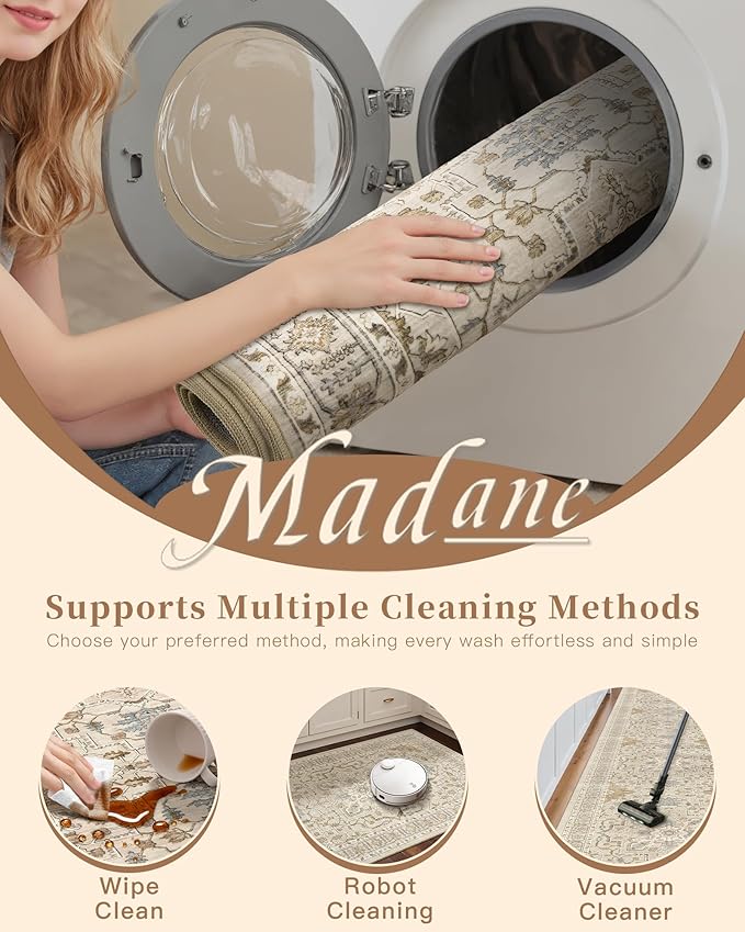 Madane Area Rug 3x5, Entryway Washable Vintage Runners Bedroom Non Slip Indoor Kitchen Runner for Living Room Laundry Room Playroom Soft Non-Slip Area Rugs, Beige/Blue