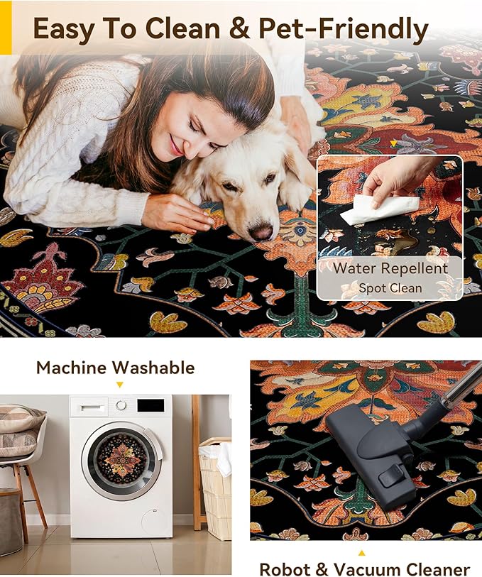 RELEANY Area Rugs 8ft Washable Non-Slip, Floral Vintage Distress Print Pattern Medallion Carpet for Living Room Bedroom Dining Room, Black Colorful Floral Dark Tan