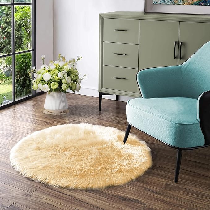 Latepis Yellow Round Rug for Living Room Faux Sheepskin Round Rugs 6ft Circle Fur Rugs for Bedroom Fuzzy Plush Rug Cute Home Décor
