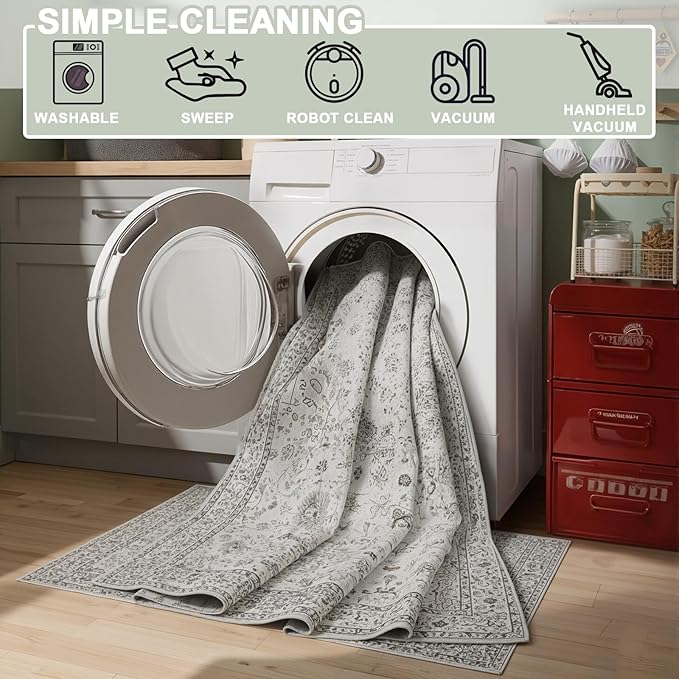 Grey Rug for Hallways Kitchen Rug 2x8, Non Slip Washable Rugs with Rubber Backing Soft Floral Carpet Runner for Hallways, Kitchen, Laundry, Bedroom, Bathroom (2 x 8, Grey)