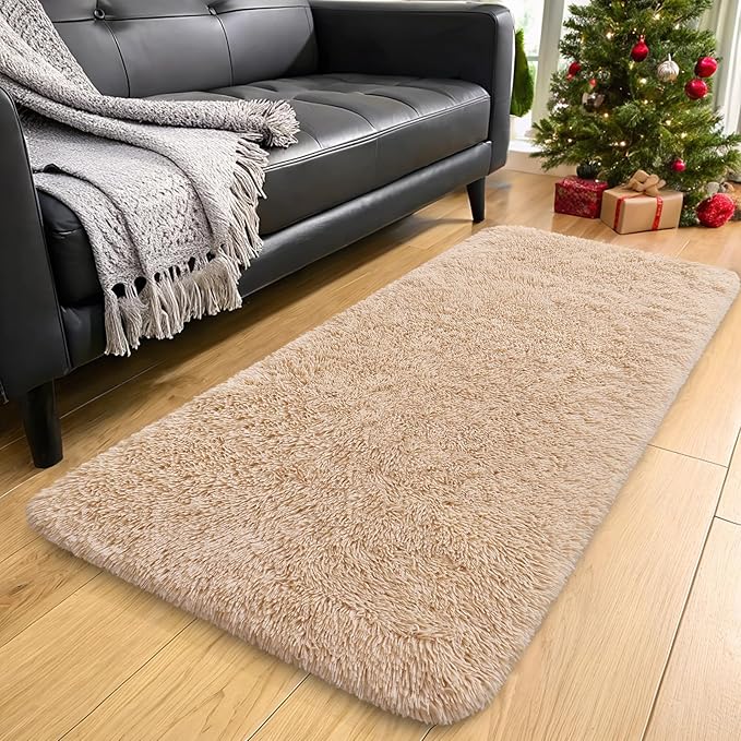 OLANLY 3x8 Machine Washable Runner Rugs for Hallway, Soft Fluffy Shaggy Bedside Rugs for Bedroom, Living Room, Indoor Floor Carpet for Kids Girls and Boys, Nursery Rooms, Home Decor Aesthetic, Beige