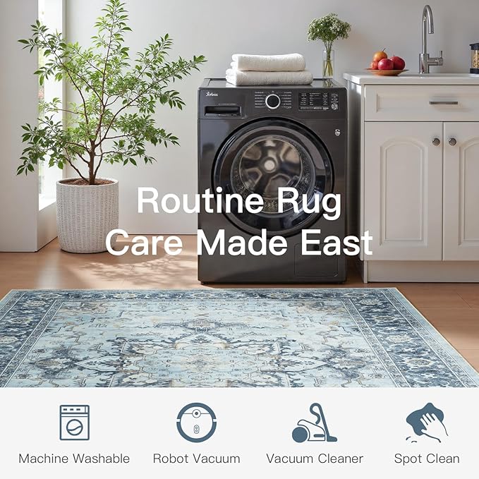 Lofus 2x3 Washable Rug for Entryway Bathroom, Non Slip Kitchen Mats for Floor, Vintage Soft Door Mat Indoor Entrance, Small Area Rugs, Farmhouse Carpet for Entry Living Room Bedroom, Blue Gold