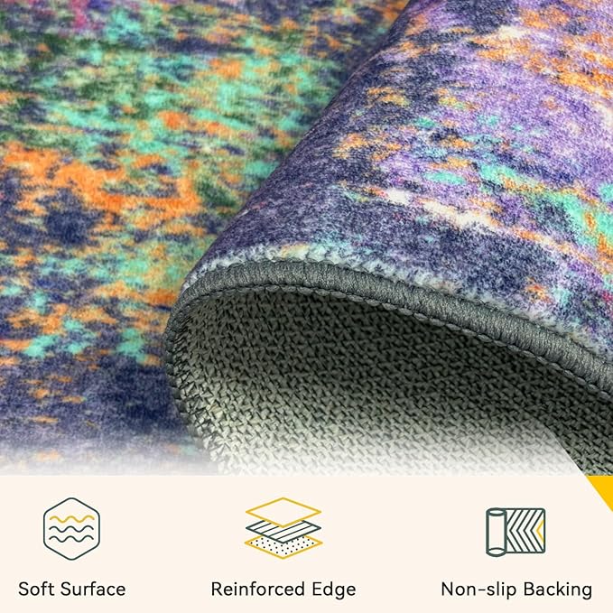 Washable Area Rugs 4ft Non-Slip Modern Abstract Soft for Living Room Entryway Bedroom Nursery, Print Pattern, Purple Orange Blue Green Rust Red Colorful