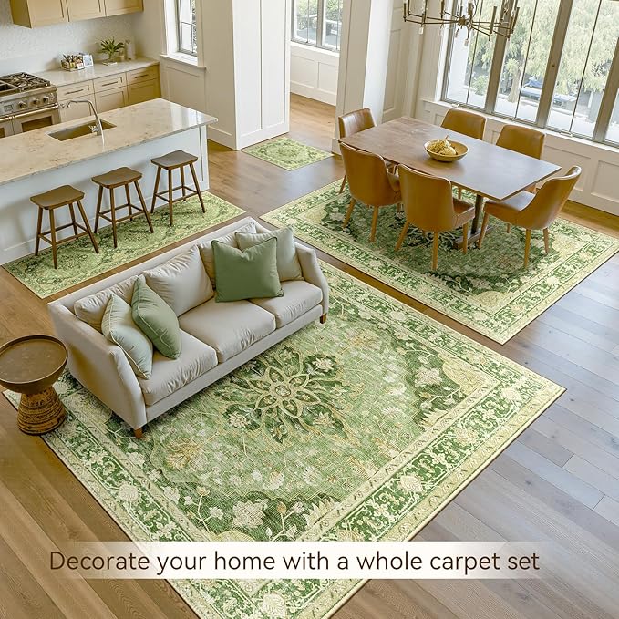 Area Rugs 2'x10' Runner Rug Non Slip Washable for Kitchen Hallway Bedroom Beside Laundry Room Bathroom Rug, Floor Carpet, Sage Green Yellow