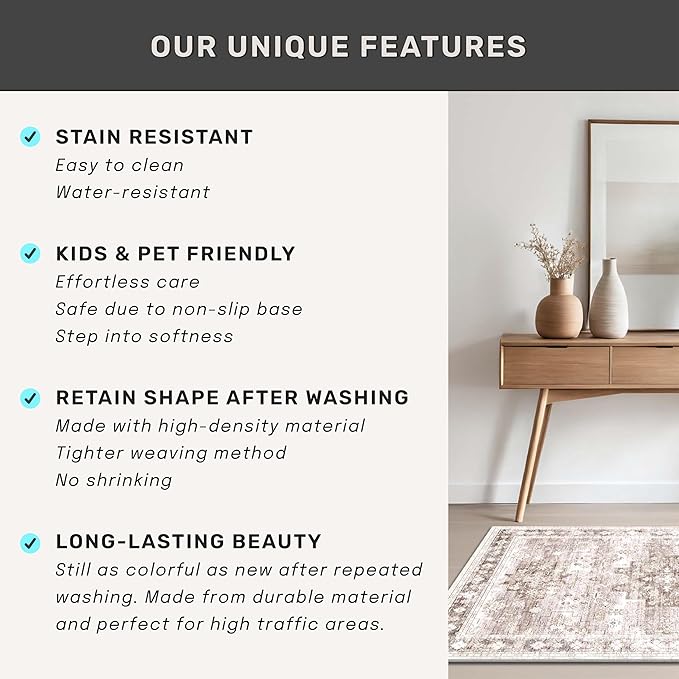 Hazo Haus Washable Neutral Farmhouse Living Room Rug, 5x8 Area Rugs for Bedroom Under Bed, Nursery Room, Boho Vintage Floral Non-Slip Rug Low Pile Stain Resistant (5x8 Beige/Latte)